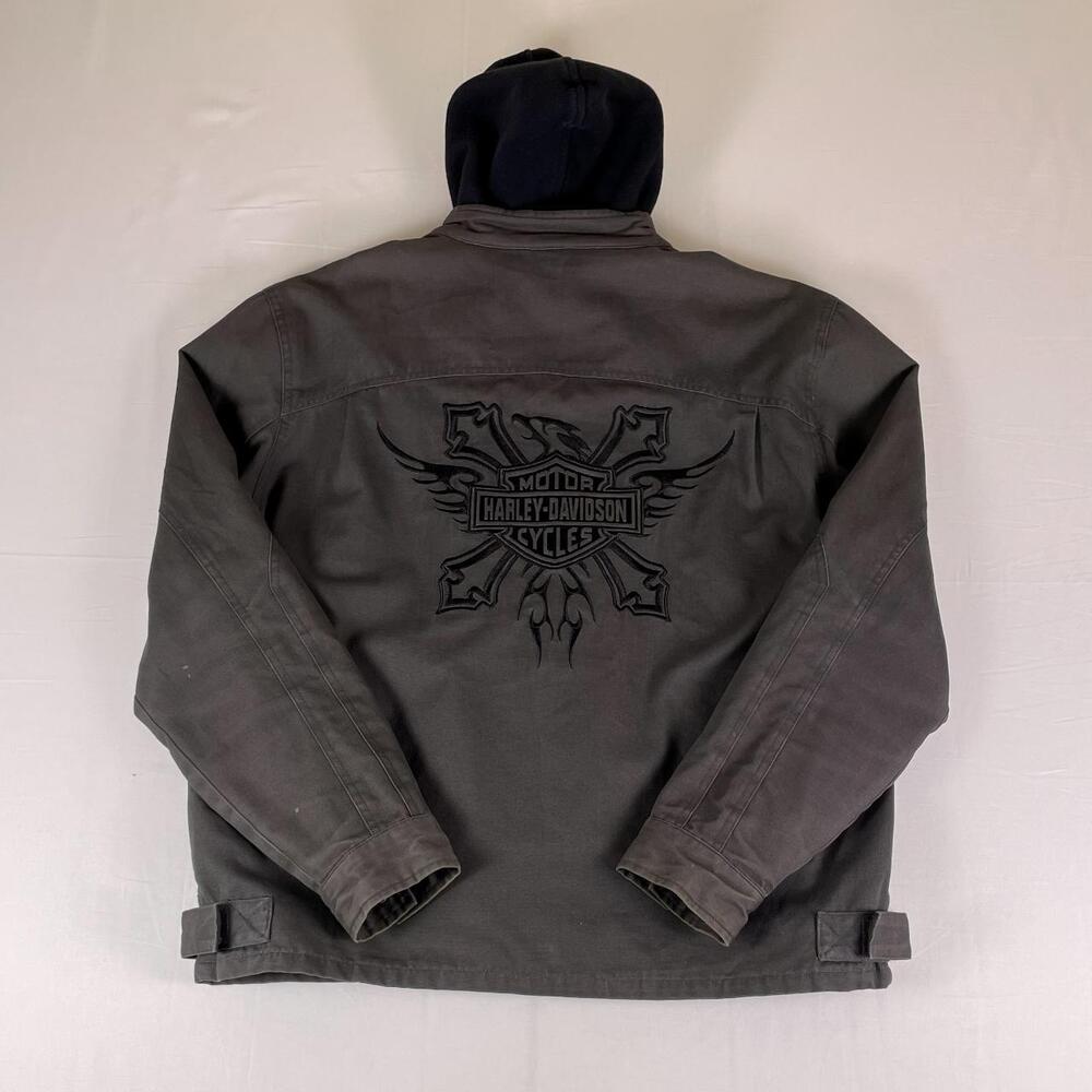 Harley Davidson Hooded Canvas Work Jacket | Grey Embroidered Wings Bar and Shiel